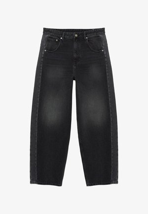 Črne bledikaste široke kavbojke z petimi žepi, z gumbi in zadrgo ter zankami za pas, položene na ravno površino na belem ozadju.