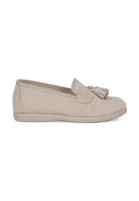 Beige Mokassinschuh mit glattem Außenmaterial, runder Zehenform, Quastenakzent und flexiblem Gummisohle.