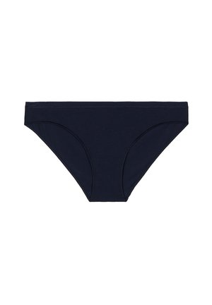 Navy blue cotton bikini-style underwear with a smooth texture, low-rise design, and elastic waistband. No visible patterns or hardware.
