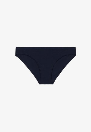 Navy blue cotton bikini-style underwear with a smooth texture, low-rise design, and elastic waistband. No visible patterns or hardware.