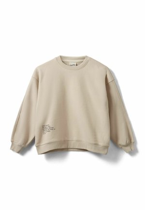 Beiges Sweatshirt mit Rundhalsausschnitt, gerippten Bündchen und Saum, mit gedrucktem Text auf der unteren linken Seite. Hergestellt aus weichem Stoff mit lockerer Passform.