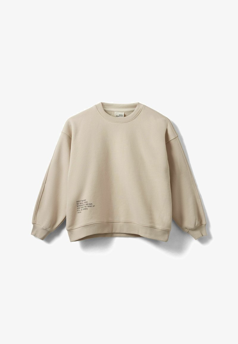 Beige crewneck-sweatshirt med ribbet manchetter og kant, med trykt tekst på nederste venstre side. Fremstillet af blødt stof med en afslappet pasform.