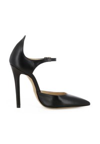 Zwarte leren hoge hak schoen met een spitse neus, enkelband en slanke vorm; gladde textuur en verhoogde stiletto hak.