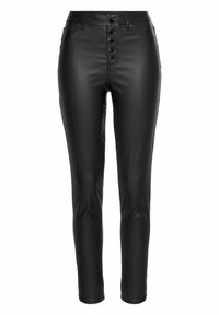 Zwarte nepleer hoge taille broek met een slim fit, voorzien van een knoopsluiting aan de voorkant, vier zakken en een gladde, glanzende textuur.