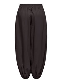 Pantalon noir ample avec taille élastique et poignets élastiques froncés aux chevilles, en tissu lisse.