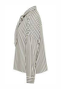 Camisa de rayas con cuello, confeccionada en tela ligera. Presenta rayas verticales blancas y azul marino, con un ajuste holgado y mangas sueltas.