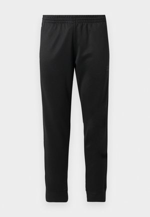 Black athletic pants made of smooth fabric, featuring an elastic waistband, tapered legs, and ribbed cuffs at the ankles.