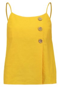 Yellow sleeveless top made of linen, featuring a straight cut, three wooden buttons on the front, and thin adjustable straps.