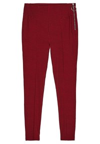 Rödrandiga byxor i ett glansigt tyg, med en dragkedjeficka med ett runt draremblem, smal passform med midjeband.