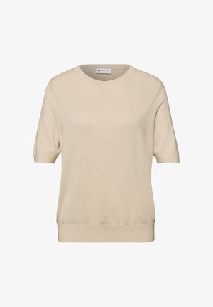 Beige gebreide trui met korte mouwen, ronde halslijn en geribde zoom en manchetten, gelabeld Street One.