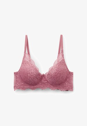 Soutien-gorge en dentelle de couleur rose poudre, doté de bonnets rembourrés, de motifs floraux délicats, de bretelles réglables et d'un empiècement sous la poitrine avec coutures pour un maintien optimal.