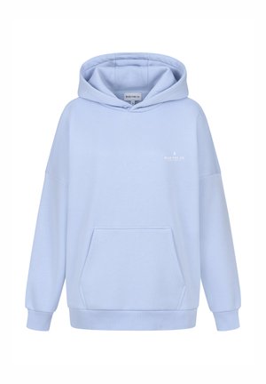 Light blue hoodie made of soft fabric with a front pocket, loose fit, and a kangaroo style design. Features a logo on the chest.