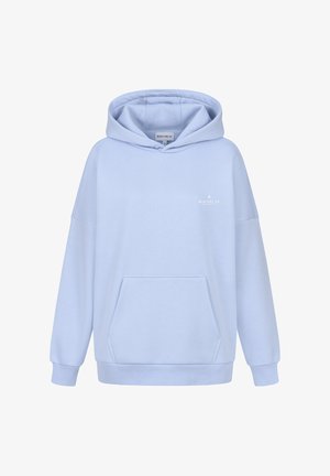 Hellblauer Hoodie aus weichem Stoff mit einer Vorder tasche, lockerem Schnitt und Känguru-Design. Verfügt über ein Logo auf der Brust.
