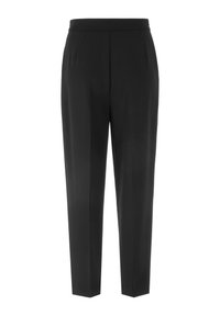 Schwarze Hose aus gewebtem Stoff; verfügt über eine glatte Vorderseite, verjüngte Beine und einen gerippten Bund; keine zusätzlichen Taschen oder Verzierungen.