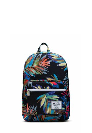 Sac à dos noir avec un motif de feuilles colorées. Comprend une poche avant zippée et une poignée supérieure. Fabriqué en tissu durable. Logo HERSCHEL en bas.