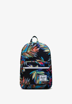 Sac à dos noir avec un motif de feuilles colorées. Comprend une poche avant zippée et une poignée supérieure. Fabriqué en tissu durable. Logo HERSCHEL en bas.
