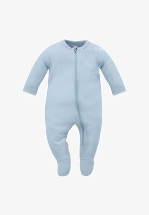 Lichtblauw babyrompertje van zachte stof, met lange mouwen, een rits over de volle lengte en een voetontwerp voor warmte en comfort.