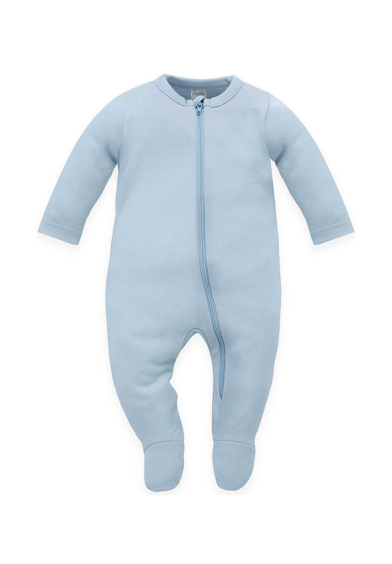 Helles blaues Baby-Overall aus weichem Stoff, mit langen Ärmeln, durchgehendem Reißverschluss und Fußdesign für Wärme und Komfort.