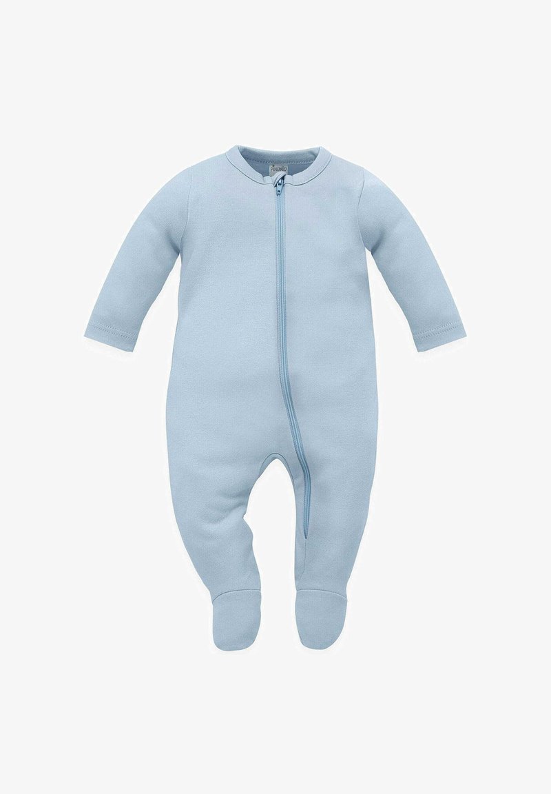Body azzurro chiaro per neonato realizzato in tessuto morbido, con maniche lunghe, zipper a tutta lunghezza e design con piedi per calore e comfort.