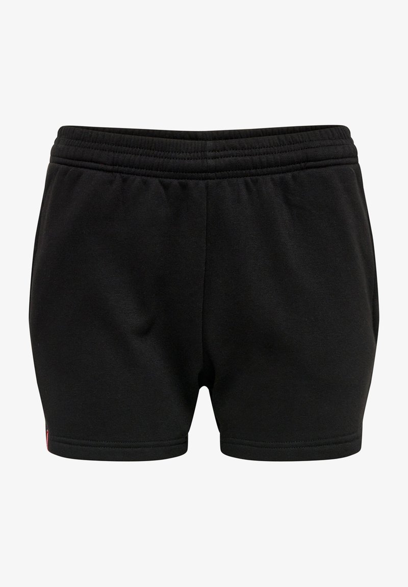 Schwarze Sportshorts aus weichem Stoff. Mit elastischem Taillenbund und geradem Schnitt. Minimalistisches Design ohne Muster oder Akzente.