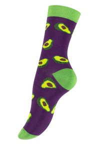 Chaussettes violettes avec des motifs d'avocat, ornées de détails verts sur la bordure et le talon. Fabriquées en matériau doux, avec un ajustement confortable.