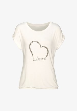 Witte korte mouwen t-shirt met een hartomtrekontwerp en metalen accenten, met daaronder het woord "Lascana". Zachte, lichtgewicht stof.