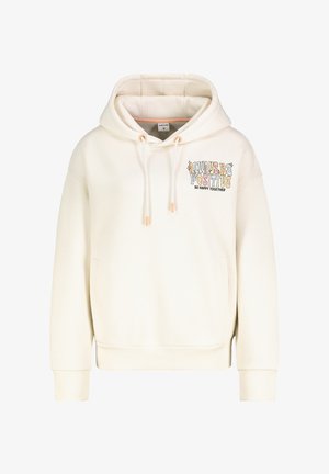 Cremfarbener Hoodie aus weichem Material mit einer Kapuze mit Kordelzug und einer Fronttasche. Enthält den Aufdruck "Always Be Positive" in mehrfarbigem Text.
