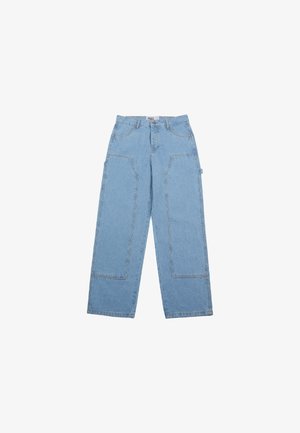 Heledsinine laiad denim püksid viie taskuga ja kontrastsete õmblustega. Omab lihtsat disaini ja kõrget vööd.