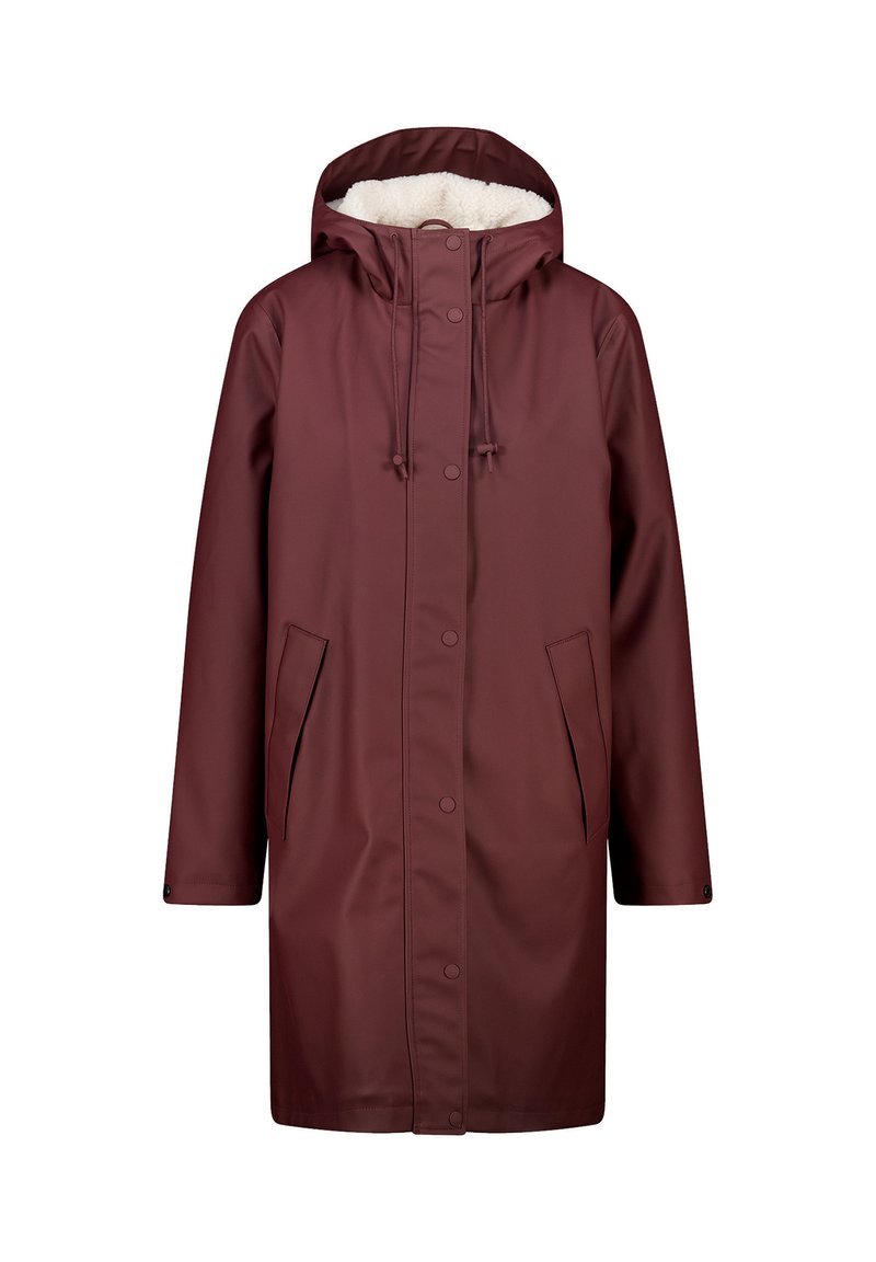 Vesimärjähtävä tummanpunainen takki hupulla, jossa on pehmeä fleecevuori, napit ja sivutaskut. Keskipitkän muotoilun ansiosta takki tarjoaa hyvää peittävyyttä.