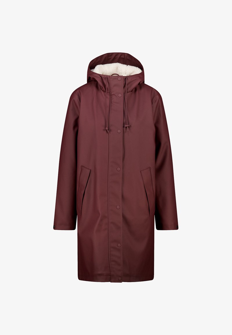 Water-resistant maroon coat with a hood, featuring a soft fleece lining, snap buttons, and side pockets. Mid-length design for coverage.