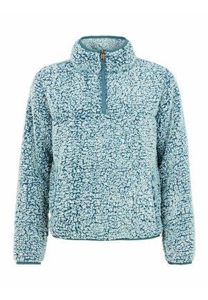 Šviesiai mėlyna fliso pūkuota striukė su pusiau užtrauktuku priekyje, aukšta apykakle ir kontrastinėmis teal spalvos detalėmis prie užtrauktuko ir rankogalių.