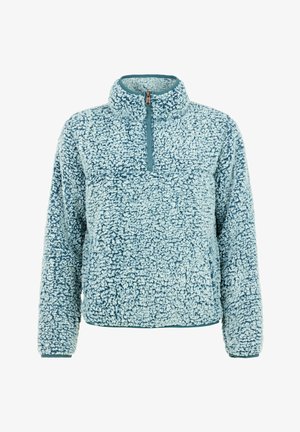 Fleece pullover in lichtblauw met een fluffy textuur, half-rits aan de voorkant, hoge kraag en contrasterende teal accenten bij de rits en manchetten.