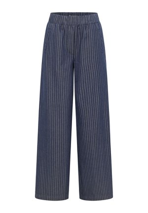 Navy blue wide-leg pants with white vertical pinstripes and an elastic waistband.