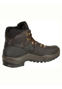 Braune Wanderschuhe mit einem Obermaterial aus Leder und Textil, gepolstertem Kragen, Metallaugen und robuster Gummisohle für Traktion.