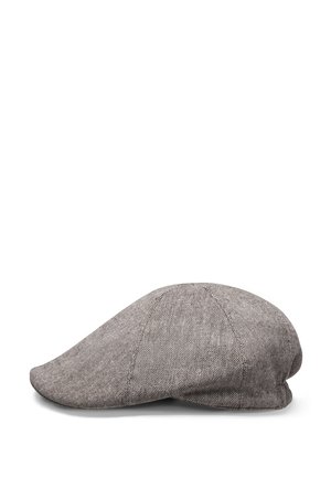 Brown textured flat cap with stitched panel pattern, shown from the side on a white background.