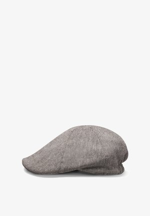 Brown textured flat cap with stitched panel pattern, shown from the side on a white background.