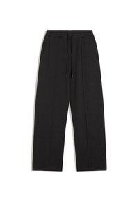 Black sweatpants made of soft fabric, featuring an elastic waistband with drawstrings, side pockets, and a relaxed fit with straight legs.