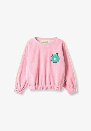 Rózsaszín bársony pulóver összehúzott aljjal és mandzsettával. A mellrészen türkiz plüss gyümölcs mintával, krémszínű oldalsávokkal.
