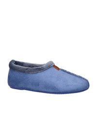Blauwe suède slipper met een fuzzy grijze voering, ronde neus en textuurstiksels langs de rand; heeft een platte rubberen zool.