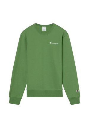 Felpa verde realizzata in tessuto morbido, con collo rotondo, maniche lunghe e un piccolo logo bianco "Champion" sul davanti.