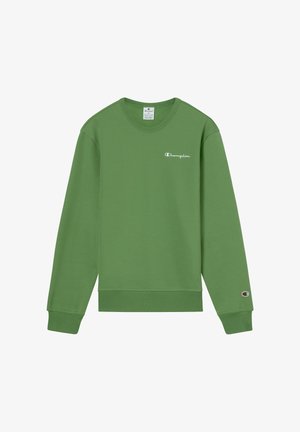 Zielona bluza z miękkiego materiału, z okrągłym dekoltem, długimi rękawami i małym białym logo "Champion" z przodu.