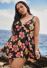Vestido de baño negro con vibrantes patrones florales en rosa y naranja, escote en V, tirantes ajustables y un dobladillo fluido.