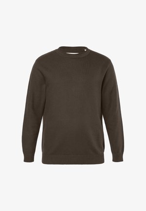 Brauner gestrickter Pullover mit rundem Ausschnitt, gerippten Bündchen und Saum. Der Stoff hat eine glatte Textur mit einem dezenten Muster.