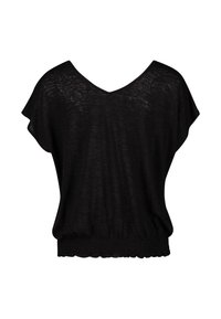 Top corto nero a maniche corte con scollatura a V, vestibilità ampia e orlo inferiore elasticizzato; realizzato in un tessuto leggero e leggermente strutturato.
