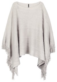 Poncho lavorato a maglia grigio chiaro con vestibilità ampia, caratterizzato da righe orizzontali e bordi frangiati per un tocco di texture. Realizzato in filato morbido.