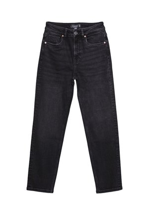 Vaqueros negros de cintura alta y pierna recta, con bolsillos delanteros y traseros y cierre de botón, mostrados extendidos sobre un fondo blanco.