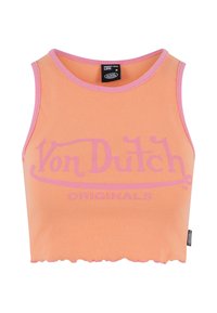 Orange ribbed crop top with pink accents, featuring "Von Dutch Originals" logo in pink. Scalloped hem and sleeveless design.