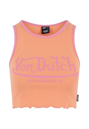 Orange ribbed crop top with pink accents, featuring "Von Dutch Originals" logo in pink. Scalloped hem and sleeveless design.