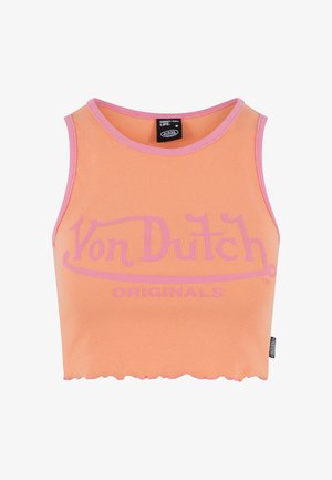 Top corto de canalé naranja con acentos en rosa, que presenta el logo "Von Dutch Originals" en rosa. Con dobladillo ondulado y sin mangas.