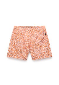 Oranje zwemshorts met een wit abstract bladpatroon, elastische tailleband en zijzakken. Gemaakt van lichtgewicht, snel droogend materiaal.